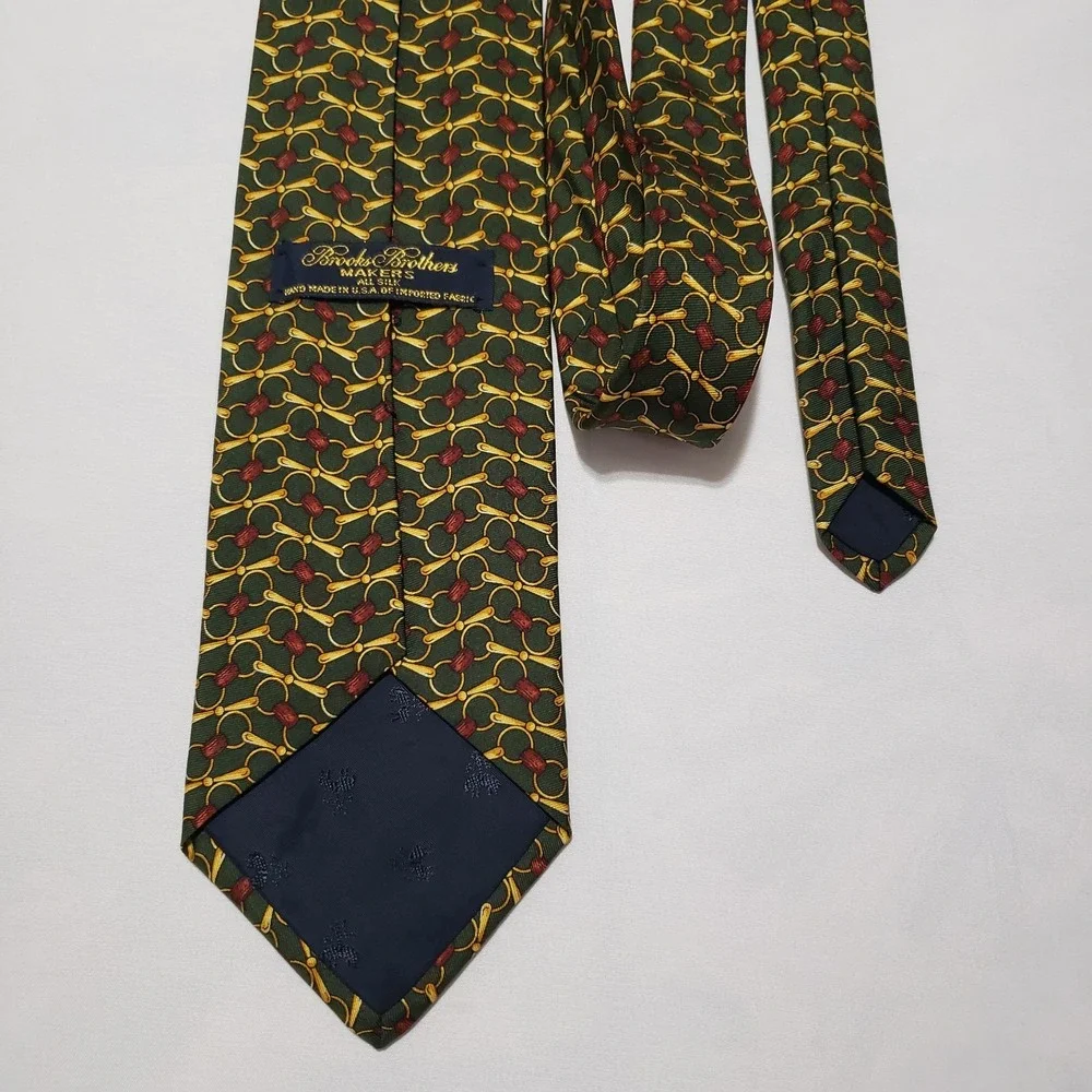 Brooks Brothers Mens Silk Tie Green Gold Burgundy Bit Pattern Made in‎ USA